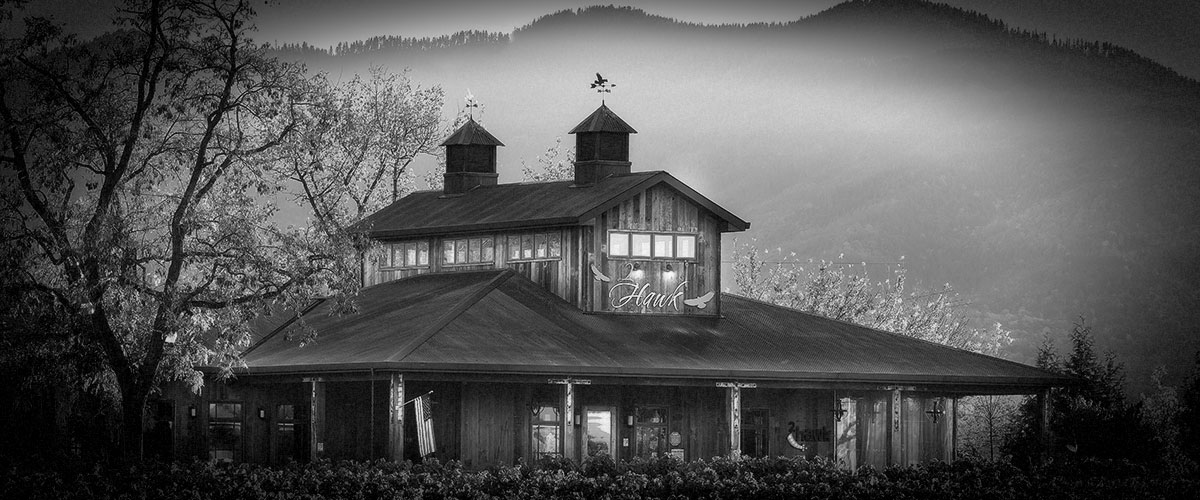 2Hawk Vineyard and Winery Tasting Room and Vineyard with Mountains (Grayscale)