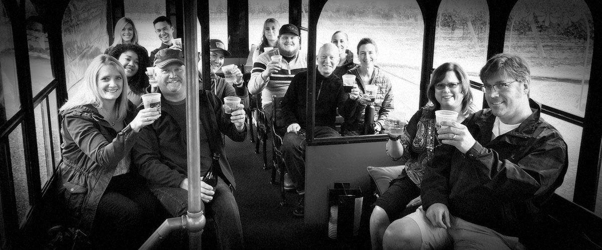 2Hawk Vineyard and Winery Staff Wine Tasting All Aboard Trolley (Grayscale)