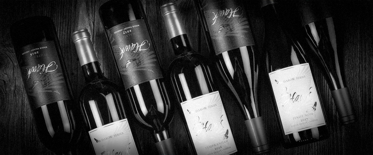 2Hawk Vineyard and Winery Wine Angled Bottles (Grayscale)