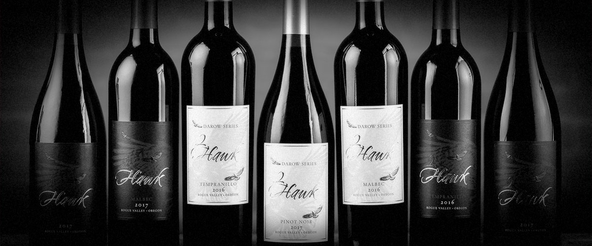 2Hawk Bottle Lineup Fall 2018 with Grenache, Malbec, Tempranillo, Pinot Noir, and Malbec (Grayscale)