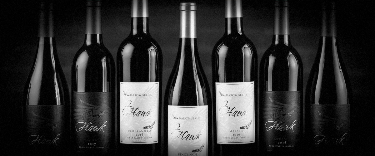 2Hawk Vineyard and Winery Darow Series Wines and Other Wine Bottles (Grayscale)