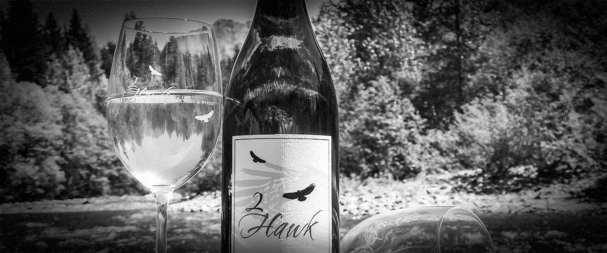 2Hawk Vineyard and Winery 2017 Sauvignon Blanc Bottle and Glass at River (Grayscale)