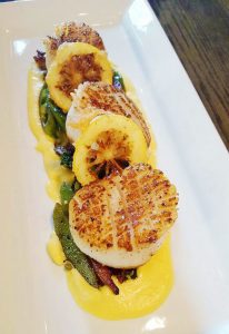 Pan-Seared Sea Scallops and Grilled Asparagus and Romesco