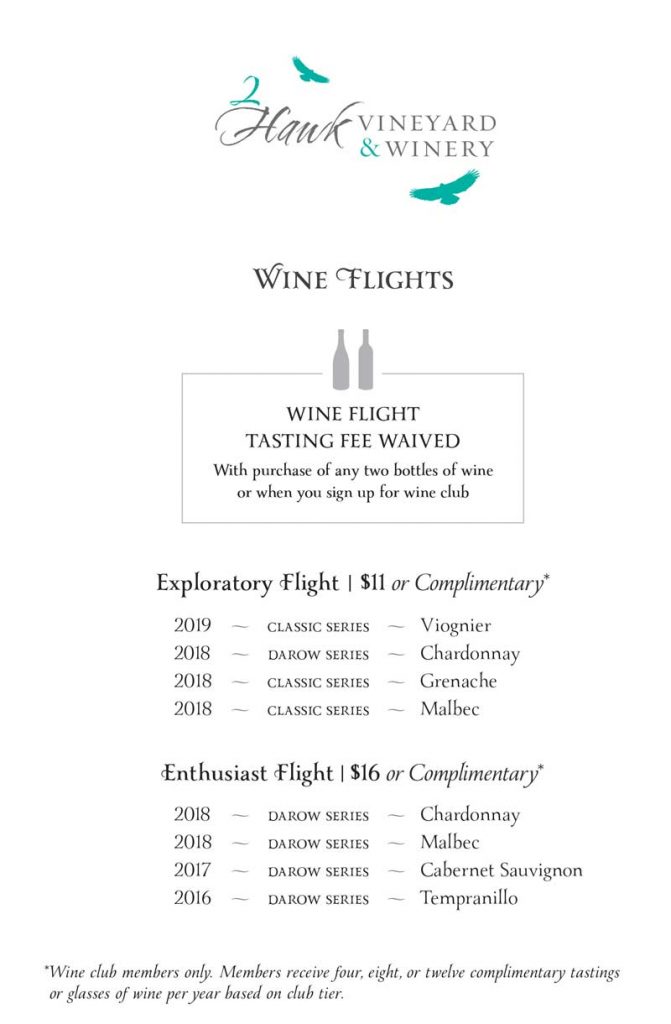 2Hawk Wine Tasting Flights Menu