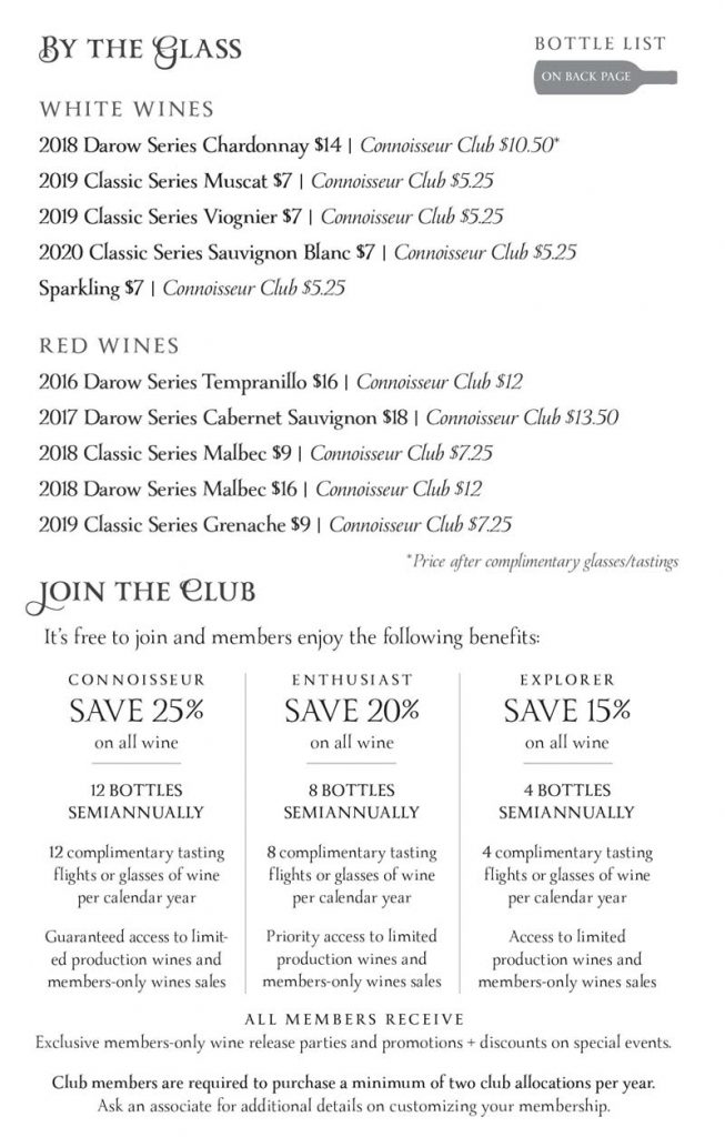 2Hawk Wines By the Glass Menu
