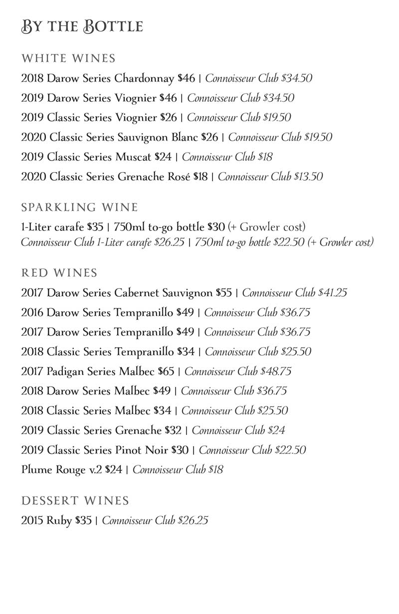 2Hawk Wine Bottle Menu