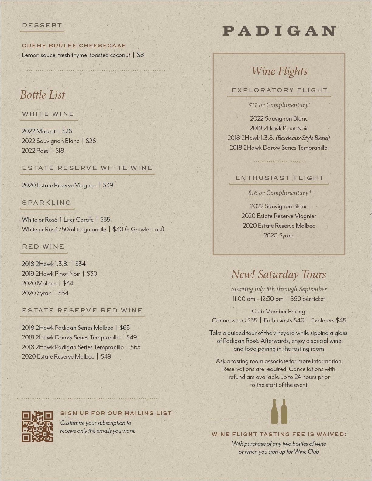Padigan Tasting Room Menu