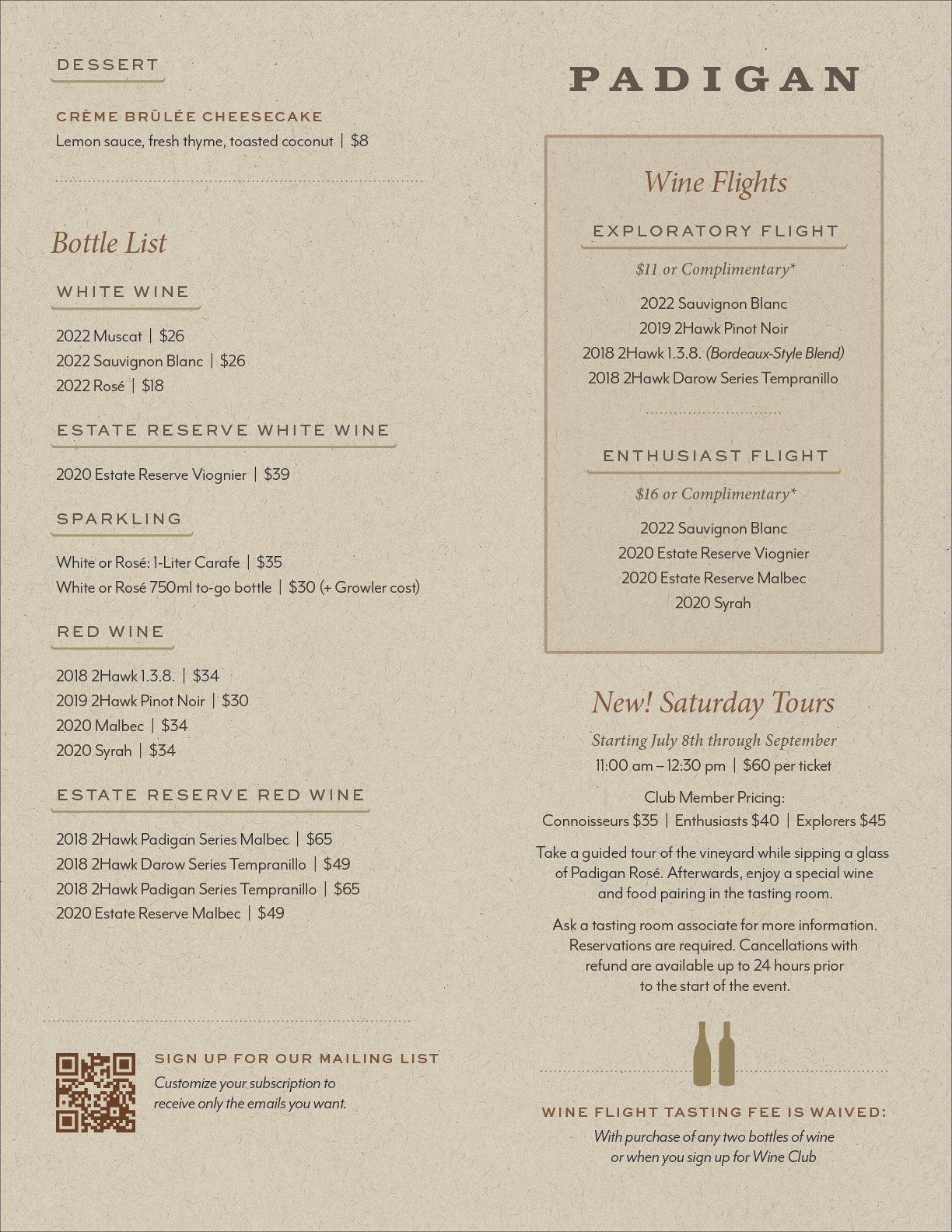 Padigan Tasting Room Menu