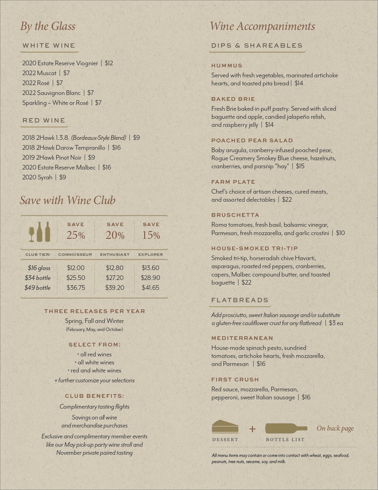 Padigan Tasting Room Menu